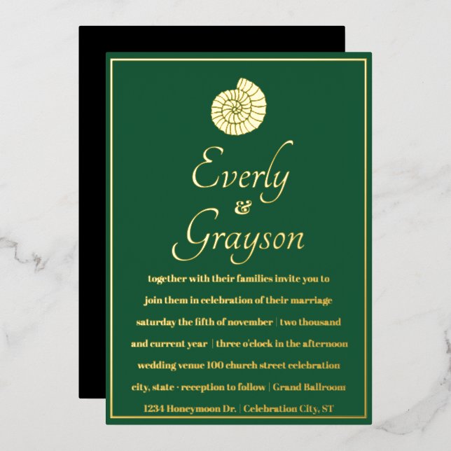 Elegant Forest Green and Gold Beach Wedding     Foil Invitation (Front/Back)