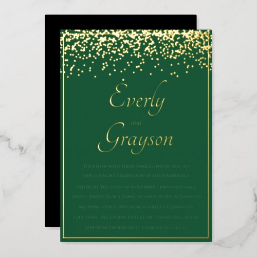 Elegant Forest Green and Gold Confetti Wedding    Foil Invitation