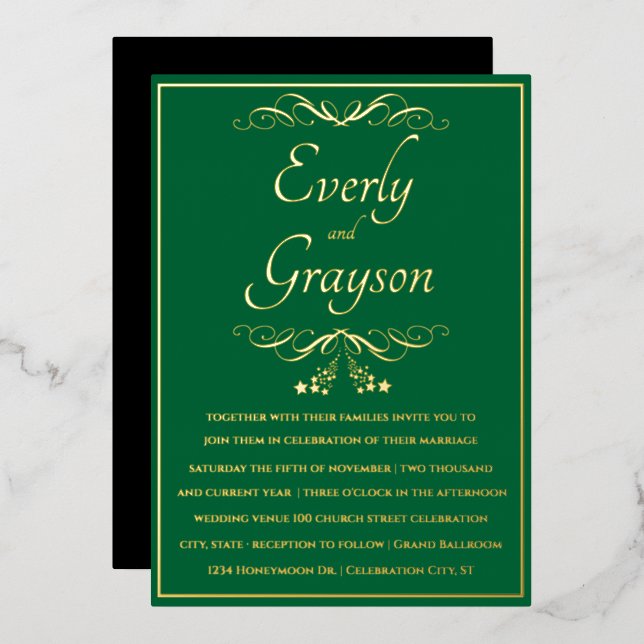 Elegant Forest Green and Gold Wedding  Foil Invitation (Front/Back)