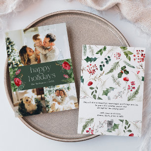 Elegant Forest Green Botanical Foliage 3 Photo Holiday Card