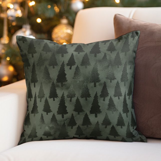 Elegant Forest Green Christmas Holiday Trees Throw Pillow (Elegant green Christmas tree decorator pillow)