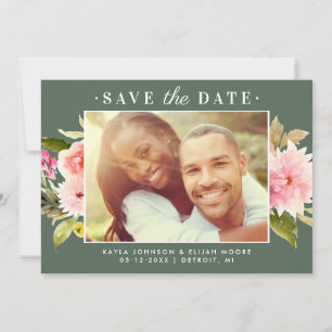 Elegant Forest Green Floral Photo Wedding Save The Date