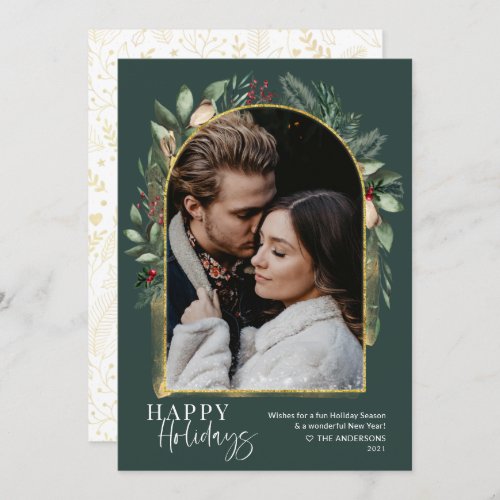 Elegant Forest Green Gold Arch Snow Overlay Photo Holiday Card