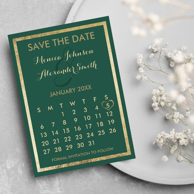 Elegant forest green Gold Calendar Save the Date Announcement Postcard (Elegant modern forest green faux gold Table Number 1)