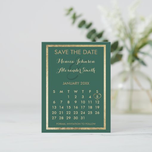 Elegant forest green Gold Calendar Save the Date Announcement Postcard