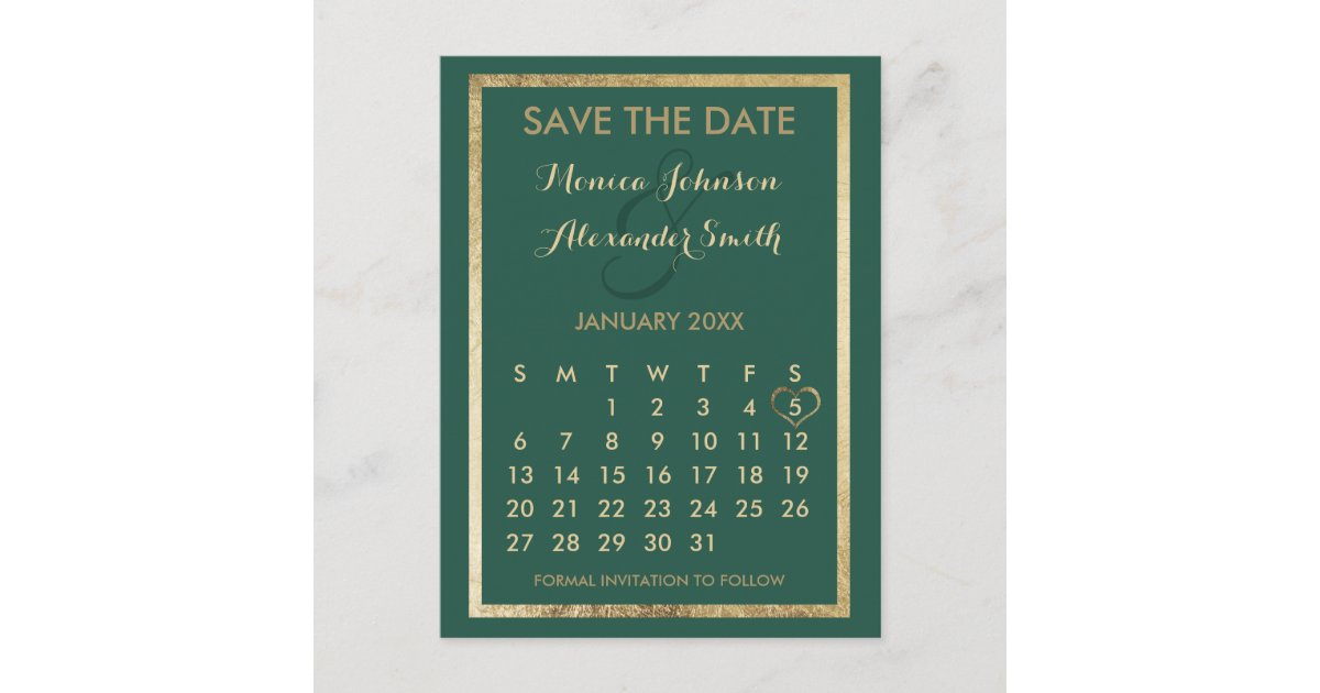 Elegant forest green Gold Calendar Save the Date Announcement Postcard