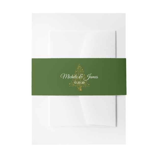 Elegant Forest Green Gold Christmas Tree Wedding Invitation Belly Band (Front Example)