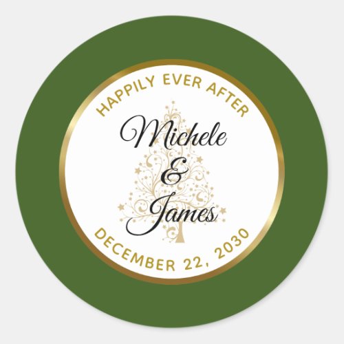 Elegant Forest Green Gold Christmas Wedding Classic Round Sticker