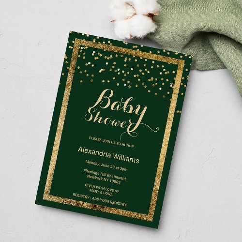 Elegant forest green gold confetti Baby Shower Invitation