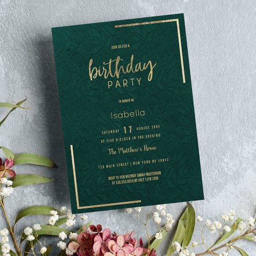 Elegant forest green gold floral lace Birthday Invitation
