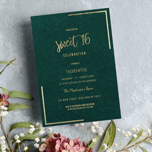 Elegant forest green gold floral lace Sweet 16 Invitation