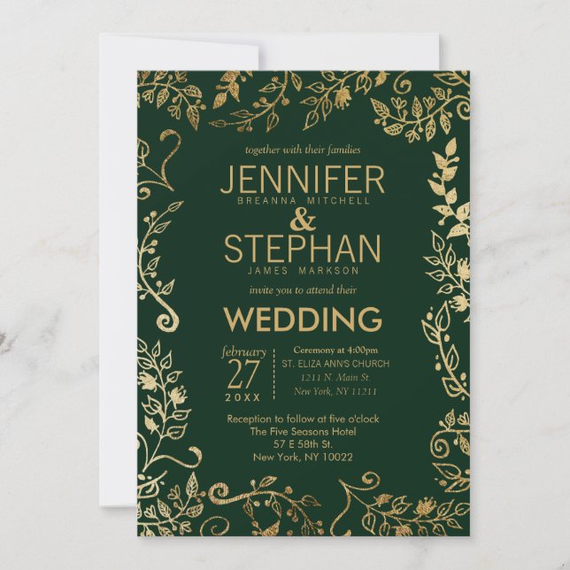 Elegant Forest Green Gold Floral Wedding Invitation (Front)