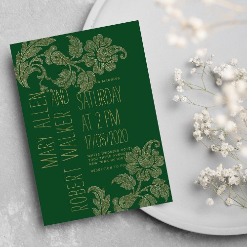 Elegant forest green gold floral Wedding Invitation