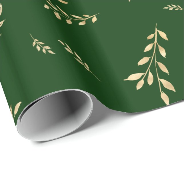 Elegant Forest Green Gold Foil Leaves Wrapping Paper (Roll Corner)