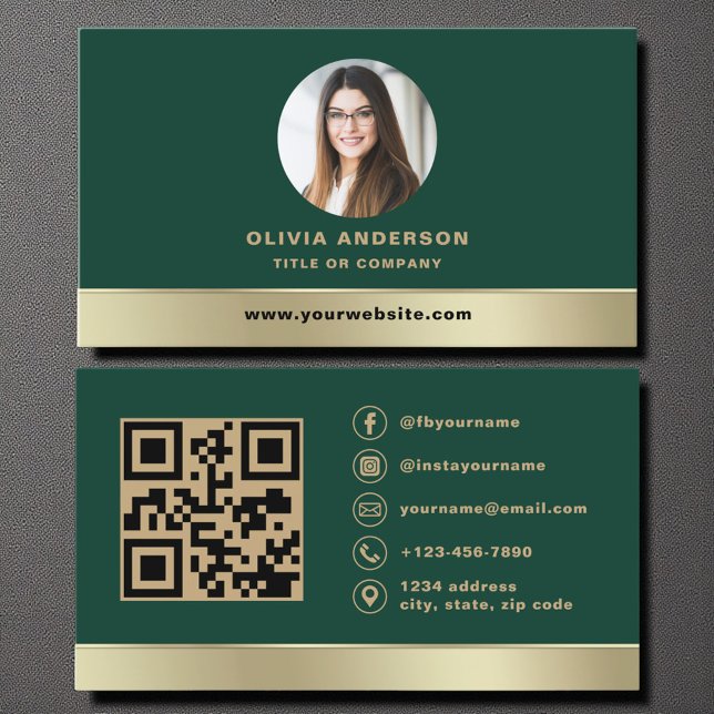 Elegant Forest Green Gold Logo QR Code Photo Business Card (Creator Uploaded)