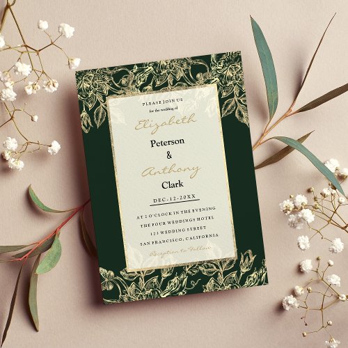 Elegant forest green gold luxury floral Wedding Invitation