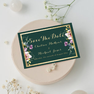 Elegant forest green gold pink flora Save The Date