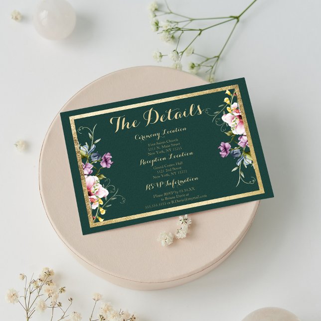 Elegant forest green gold pink floral Details Card (Elegant forest green gold pink floral Details)