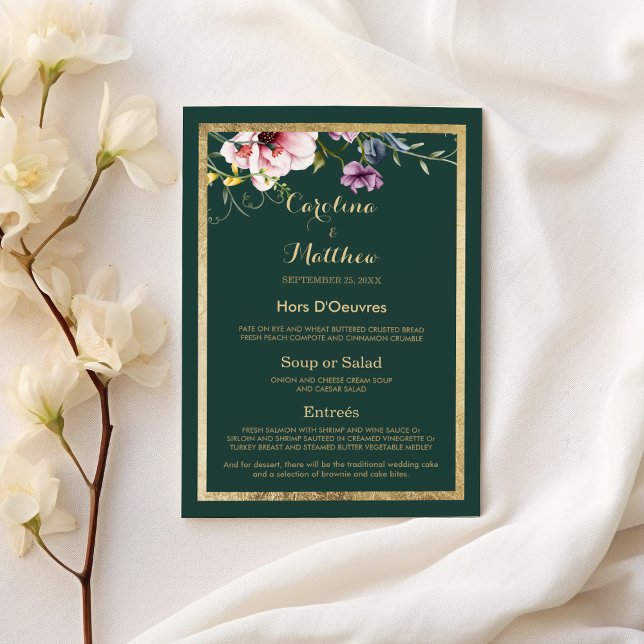 Elegant forest green gold pink floral Wedding Menu (Elegant forest green gold pink floral Wedding Menu )