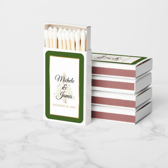Elegant Forest Green Gold Winter Holiday Wedding Matchboxes (Stacked)