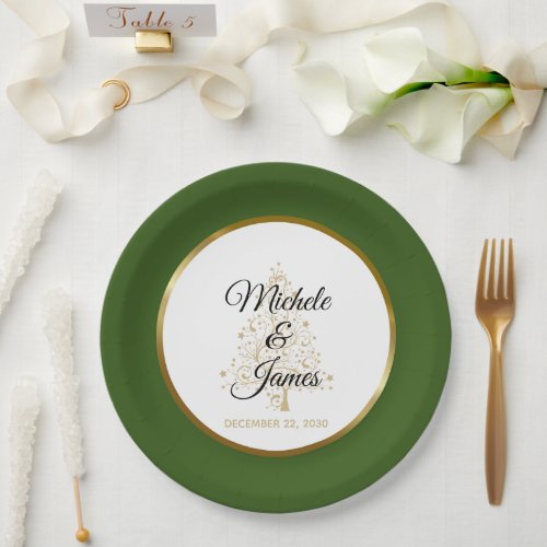 Elegant Forest Green Gold Winter Holiday Wedding Paper Plates
