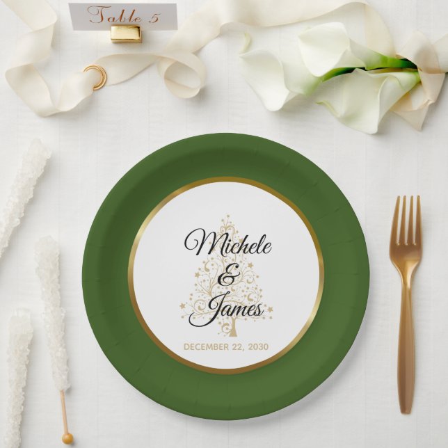 Elegant Forest Green Gold Winter Holiday Wedding Paper Plates (Wedding)