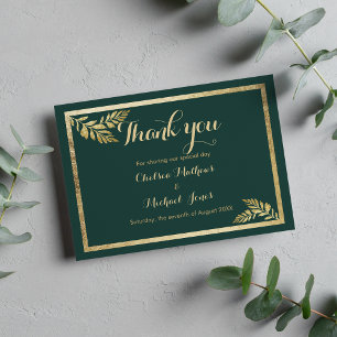 Elegant forest green golden leaf Thank You Card