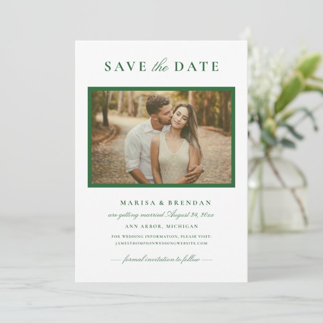 Elegant Forest Green Photo Frame Wedding Save The Date (Standing Front)