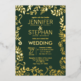 Elegant Forest Green Real Gold Floral Wedding Foil Invitation