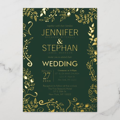Elegant Forest Green Real Gold Floral Wedding Foil Invitation