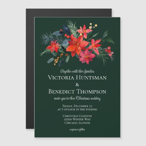 Elegant Forest Green Red Floral Christmas Wedding Magnetic Invitation