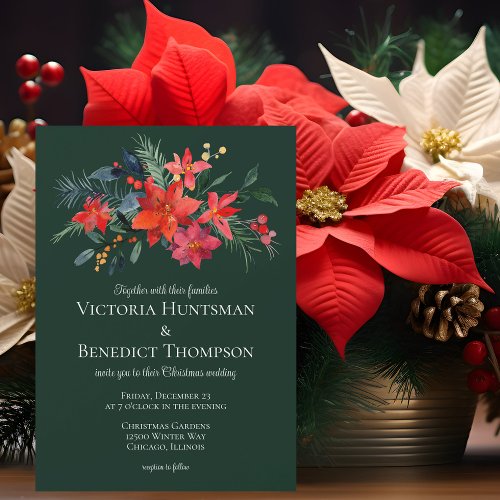 Elegant Forest Green Red Floral Christmas Wedding Magnetic Invitation