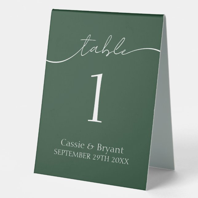 Elegant Forest Green Script Wedding Table Number Table Tent (Front)