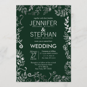 Elegant Forest Green Silver Floral Wedding Invitation