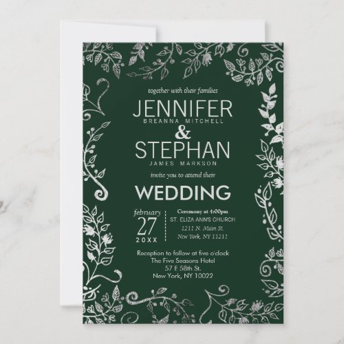 Elegant Forest Green Silver Floral Wedding Invitation