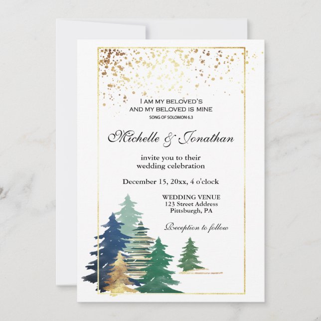 Elegant Forest Green Trees Christian Wedding Invitation (Front)