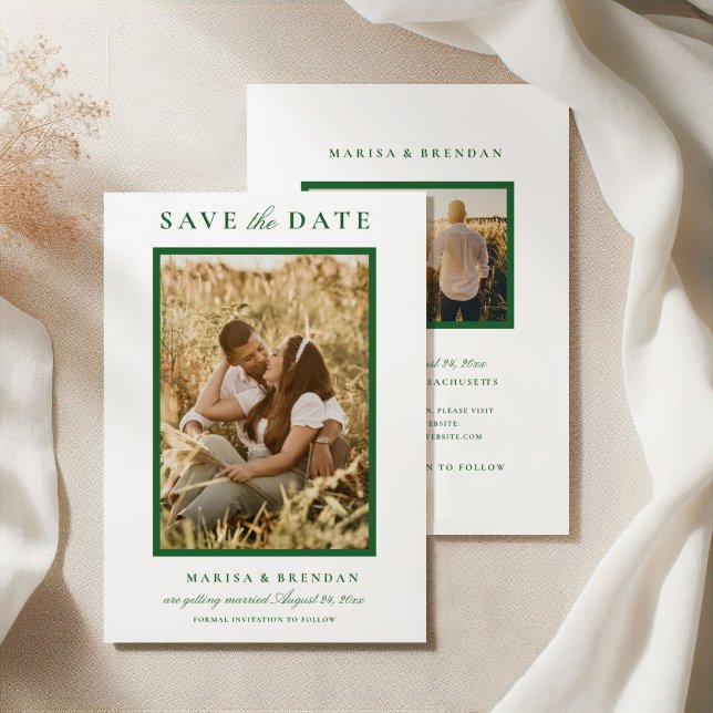 Elegant Forest Green Two Sided Photo Wedding Save The Date (Creator Uploaded)