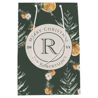 Elegant Forest Green Watercolor Winter Monogrammed Medium Gift Bag