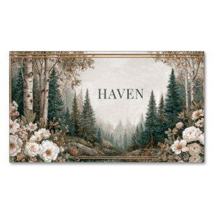 Elegant Forest Landscape White Peony Gold Frame Business Card Magnet