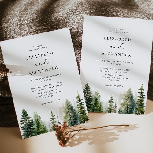 Elegant forest minimalist pine trees wedding invitation