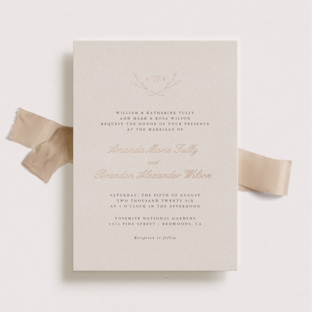 Elegant Forest Monogram Rose Gold Wedding Foil Invitation (Creator Uploaded)