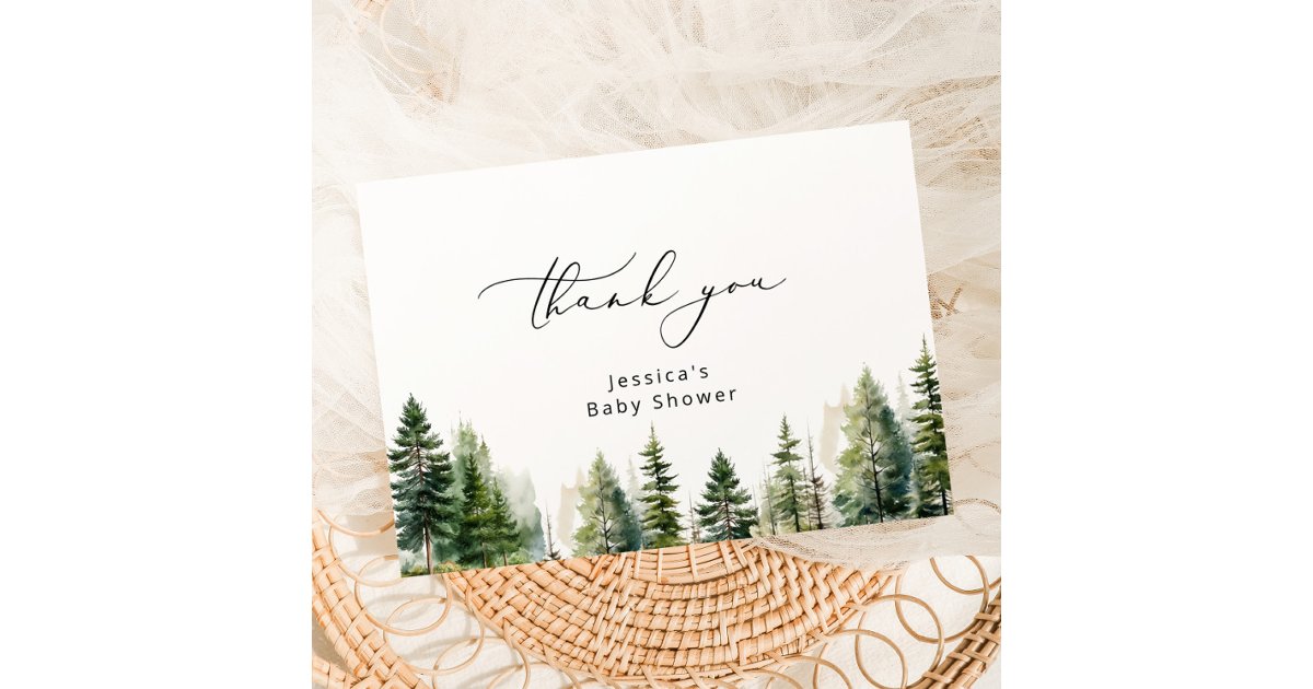 Elegant forest pine trees baby shower thank you card | Zazzle