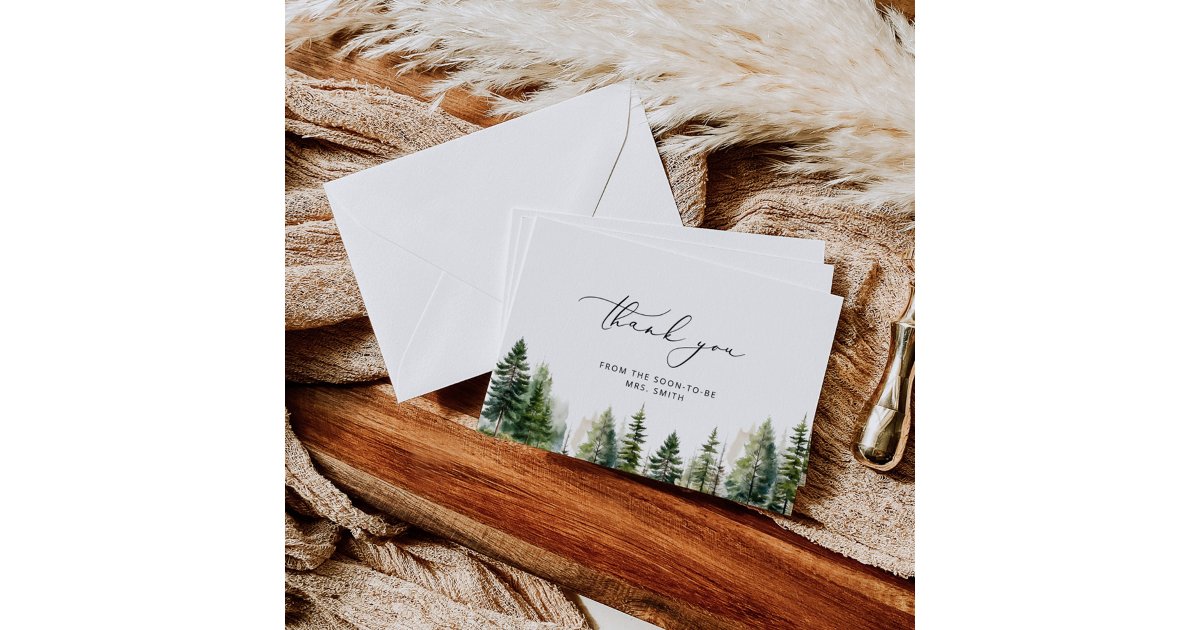 Elegant forest pine trees bridal shower thank you card | Zazzle