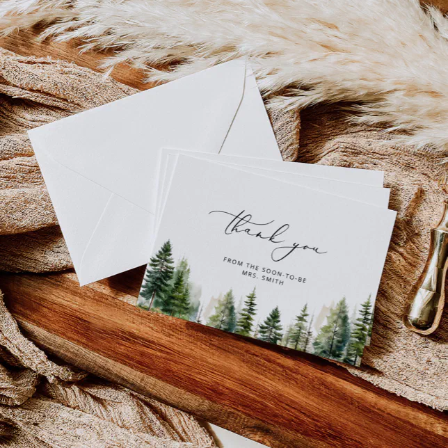 Elegant forest pine trees bridal shower thank you card | Zazzle
