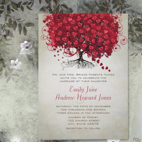 Elegant Forest Red Heart Leaf Tree Wedding Invite
