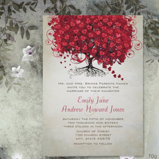 Elegant Forest Red Heart Leaf Tree Wedding Invite (Creator Uploaded)