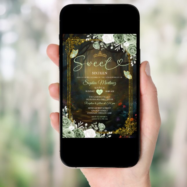 Elegant Forest Sage Green Princess Quinceañera  Invitation (Front Digital)
