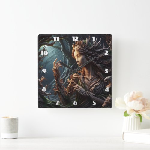 Elegant Forest Spirit Carved From Wood at Dusk Square Wall Clock