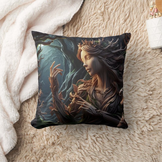 Elegant Forest Spirit Carved From Wood at Dusk Throw Pillow (Blanket)
