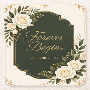 Elegant "Forever Begins" Floral Wedding Coasters